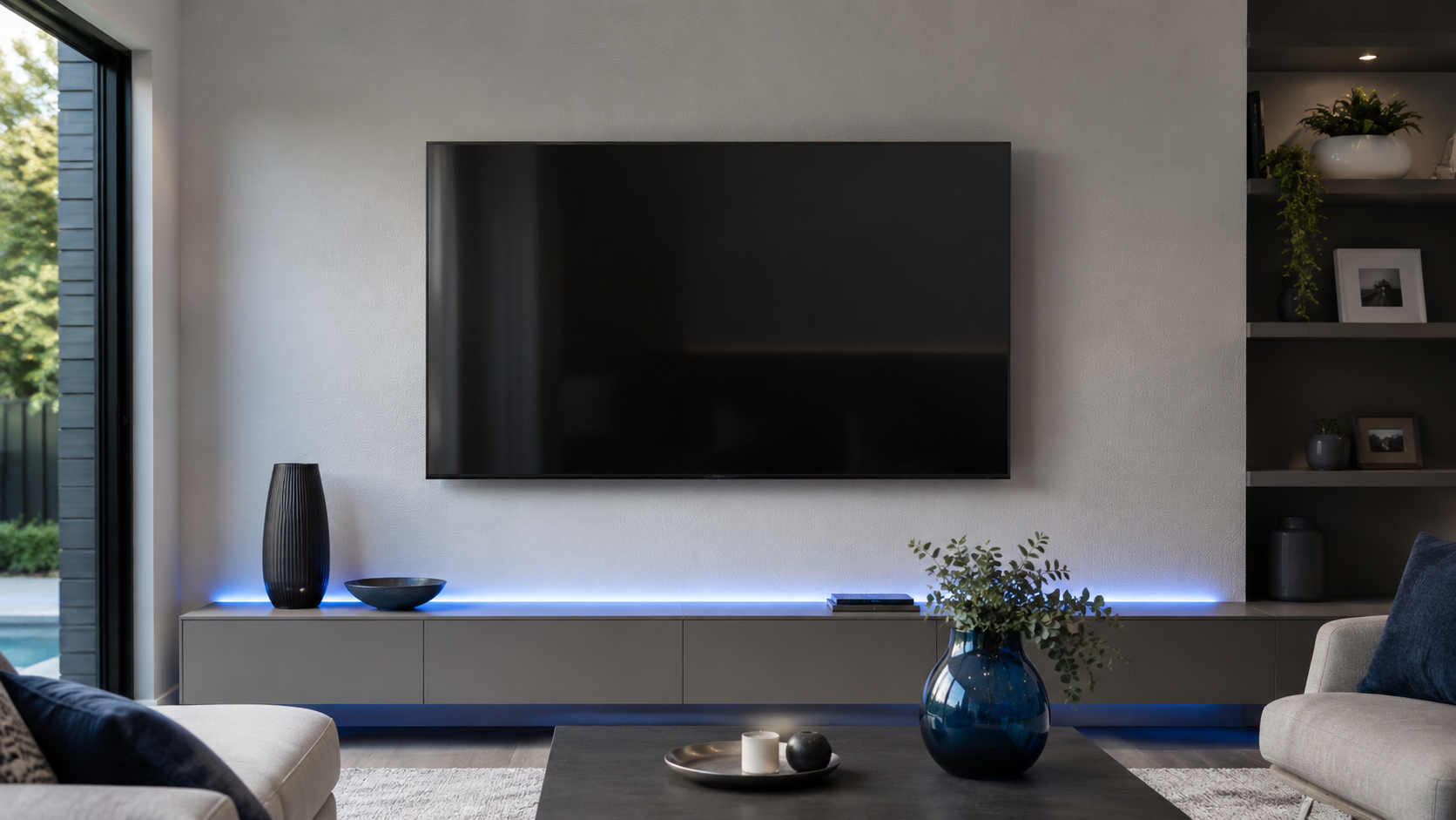 Wall mounted TV in a modern Warwick living room